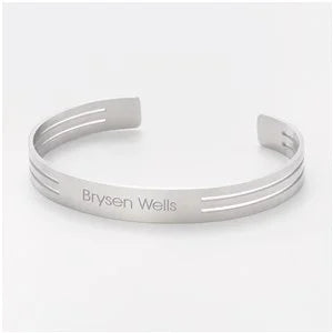 Engraved Silver Striped Stainless Cuff