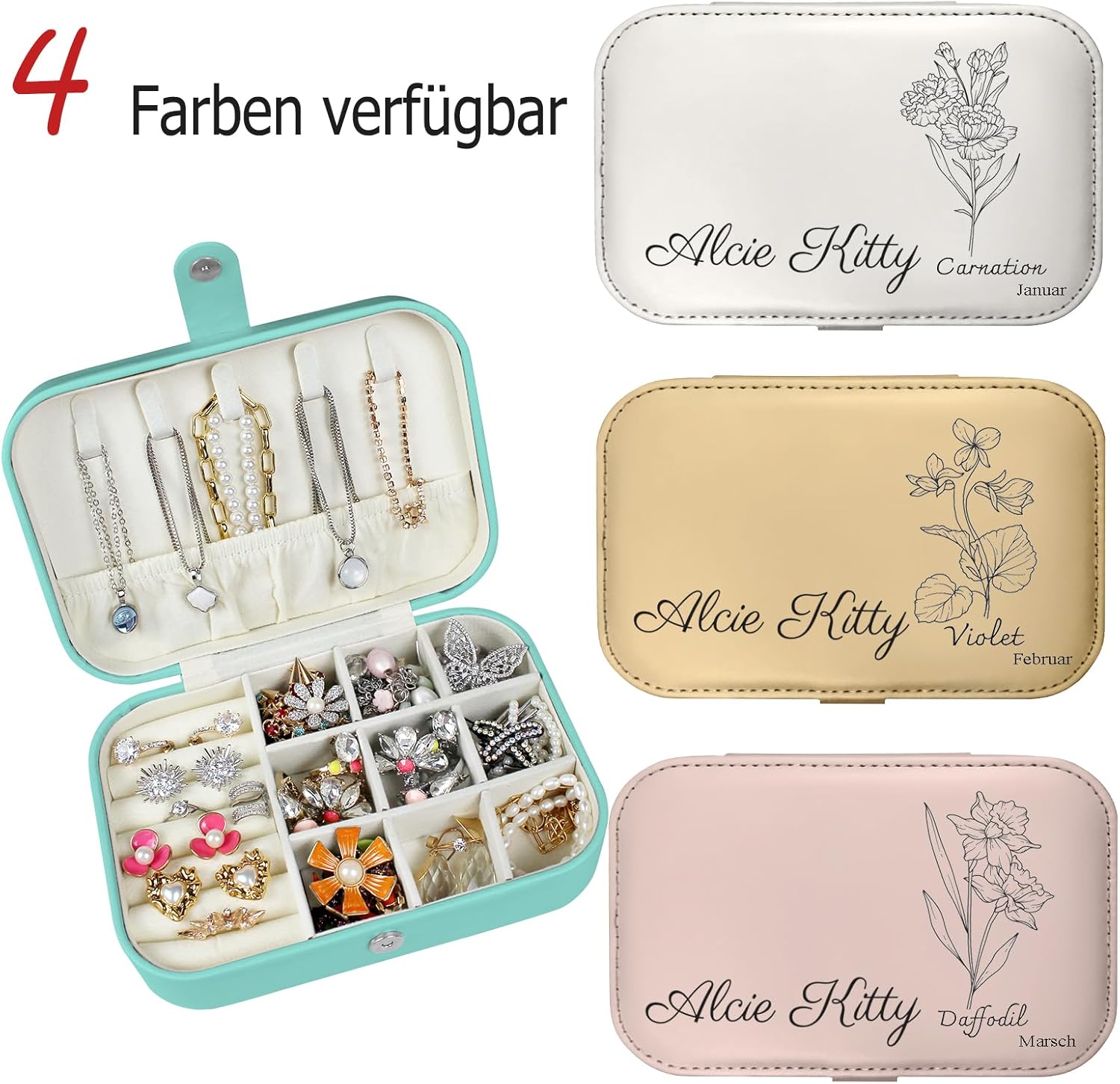 loongway Personalisierte Schmuckkästchen original kleine reise Schmuckbox mit Blumen und Name Leder Schmuck Organizer für Ohrringe Halskette Ringe personalisierte Weihnachten Geschenk für Mama Mädchen