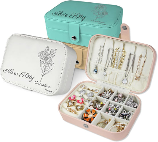 longway Personalized Jewelry Box, Original Small Travel Jewelry Box with Flowers and Name, Leather Jewelry Organizer for Earrings, Necklaces, Rings, Personalized Christmas Gift for Mom and Girls 