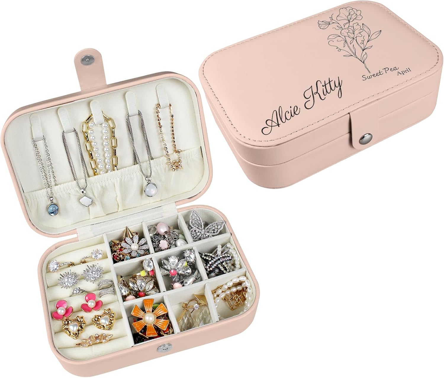 loongway Personalisierte Schmuckkästchen original kleine reise Schmuckbox mit Blumen und Name Leder Schmuck Organizer für Ohrringe Halskette Ringe personalisierte Weihnachten Geschenk für Mama Mädchen