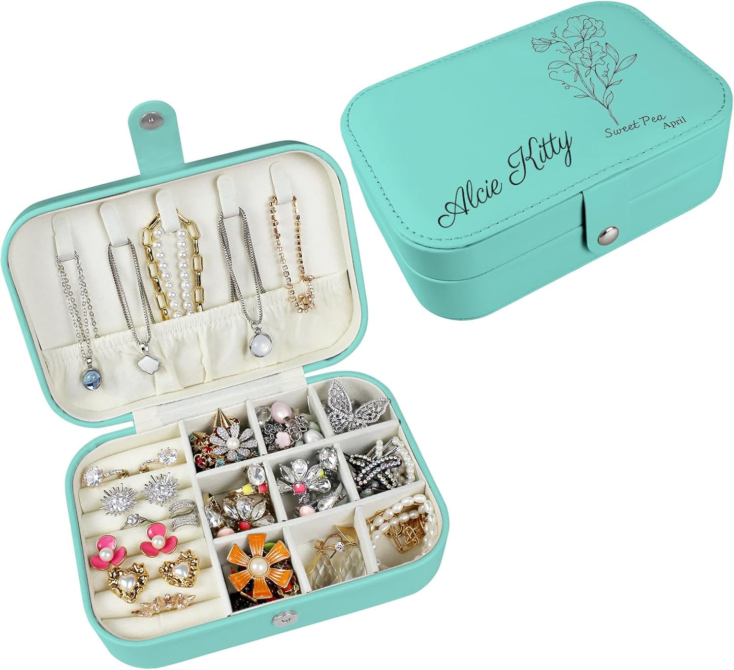 loongway Personalisierte Schmuckkästchen original kleine reise Schmuckbox mit Blumen und Name Leder Schmuck Organizer für Ohrringe Halskette Ringe personalisierte Weihnachten Geschenk für Mama Mädchen