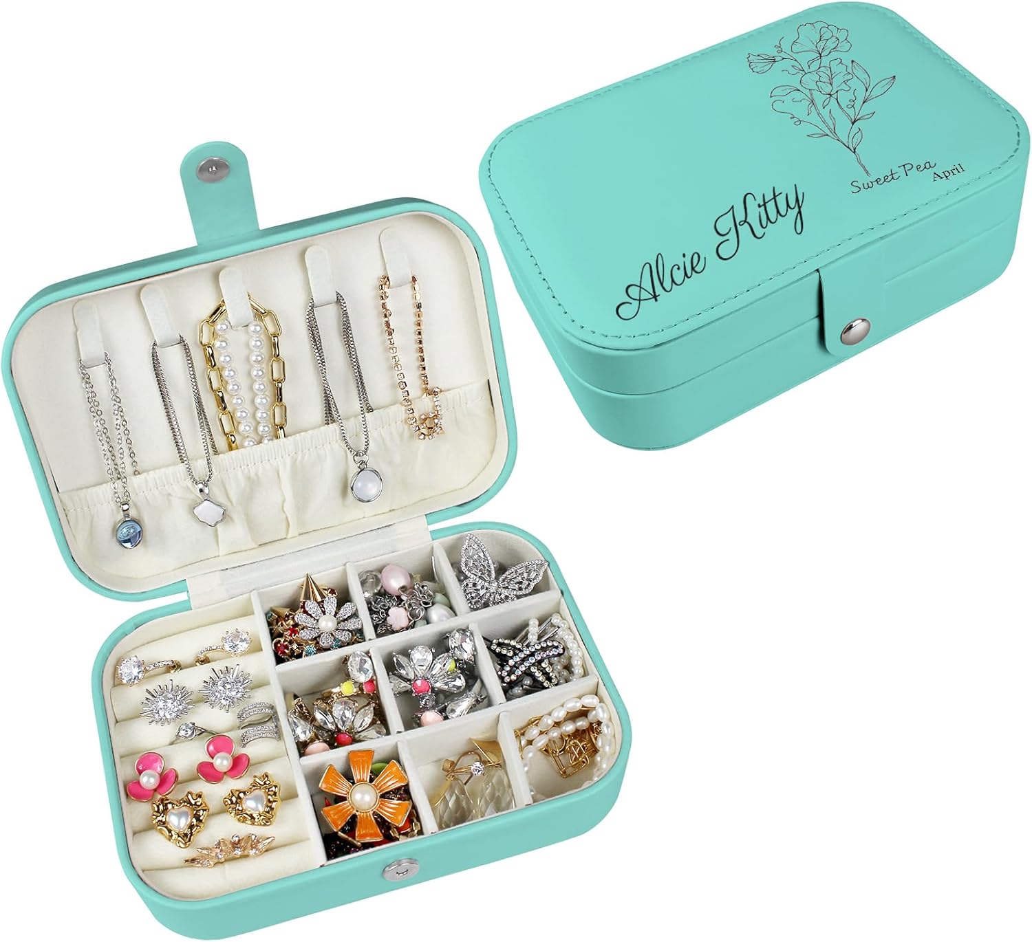 loongway Personalisierte Schmuckkästchen original kleine reise Schmuckbox mit Blumen und Name Leder Schmuck Organizer für Ohrringe Halskette Ringe personalisierte Weihnachten Geschenk für Mama Mädchen