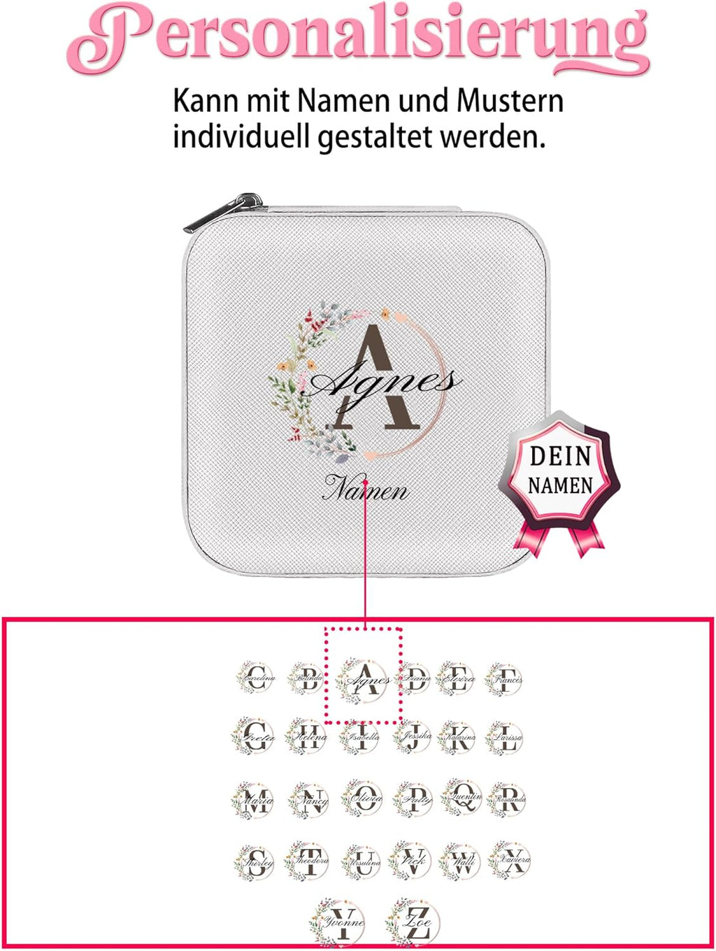 loongway Schmuckkästen für Mädchen - Personalisierte A-Z Schmuckschatulle für Frauen, Reise-Schmuckschatulle, ideal als Geburtstagsgeschenk, Brautjungfern-Geschenk, Hochzeit, Antrag
