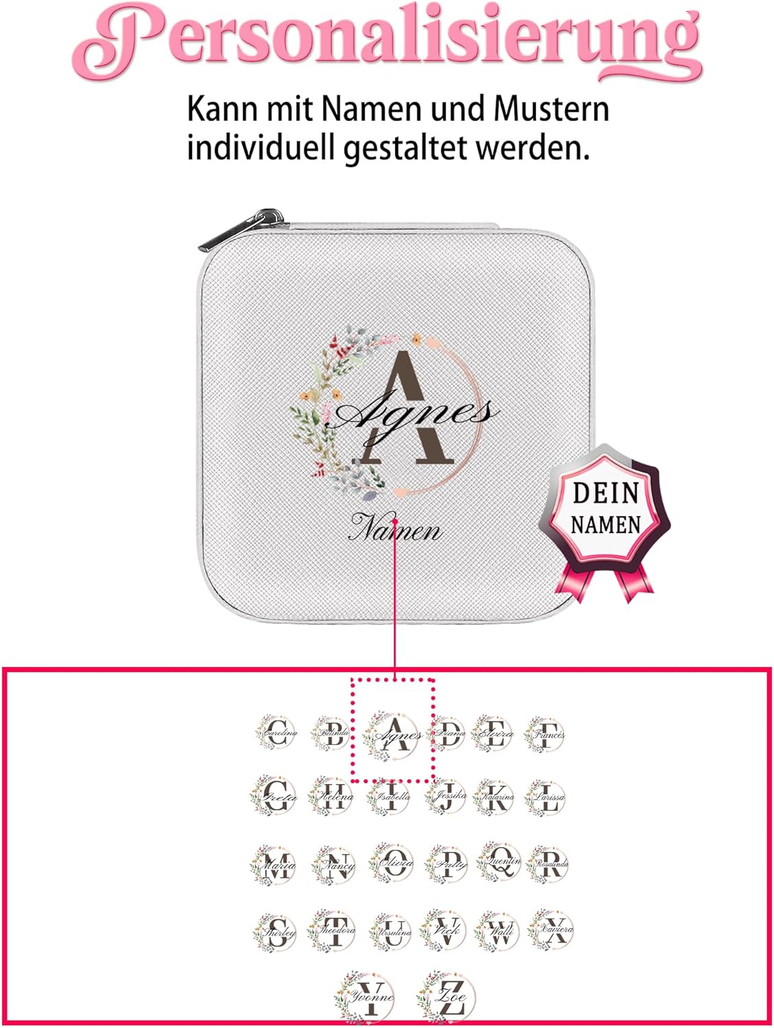 loongway Schmuckkästen für Mädchen - Personalisierte A-Z Schmuckschatulle für Frauen, Reise-Schmuckschatulle, ideal als Geburtstagsgeschenk, Brautjungfern-Geschenk, Hochzeit, Antrag