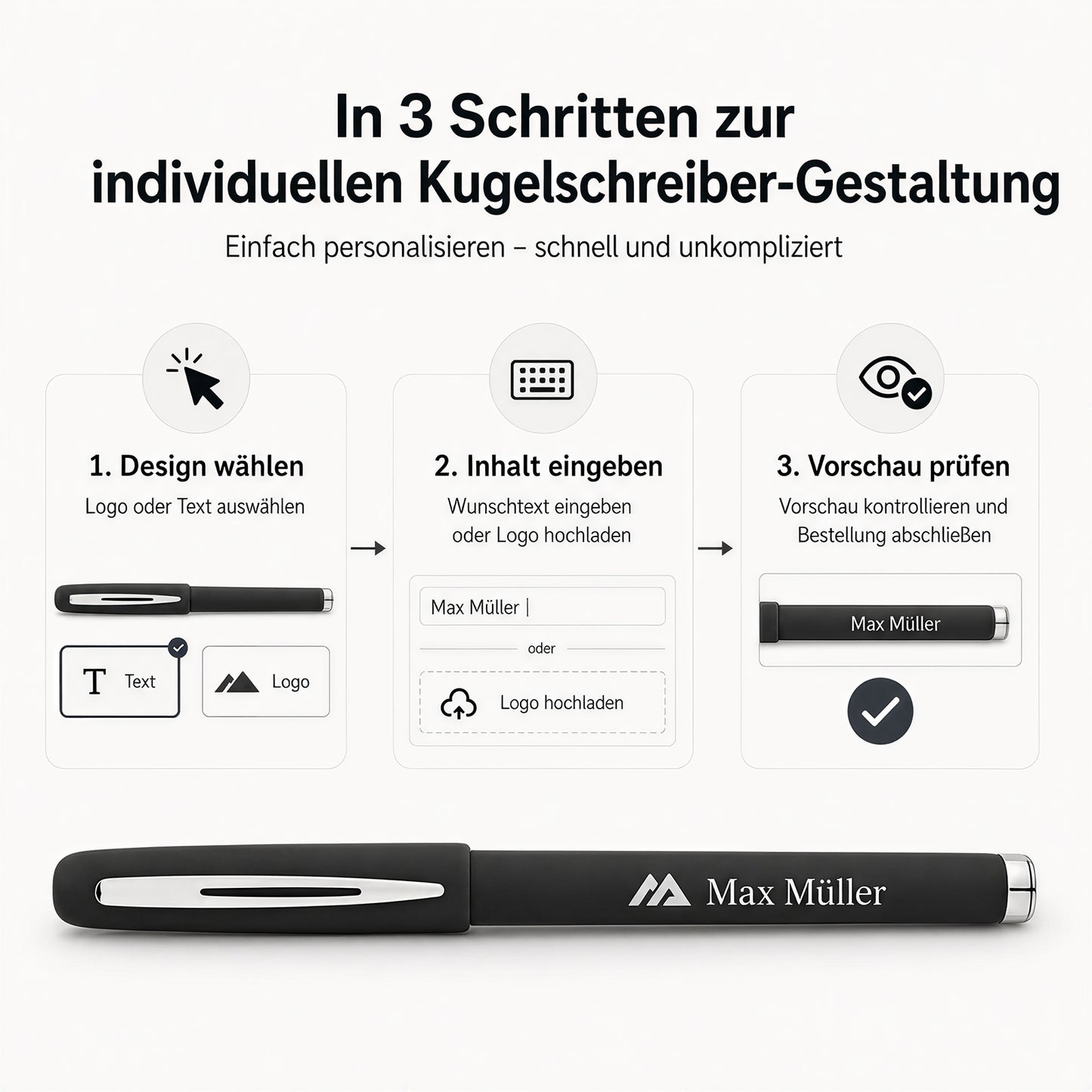 Personalisierter Kappen Kugelschreiber mit Namen und Logo Schwarze Mine
