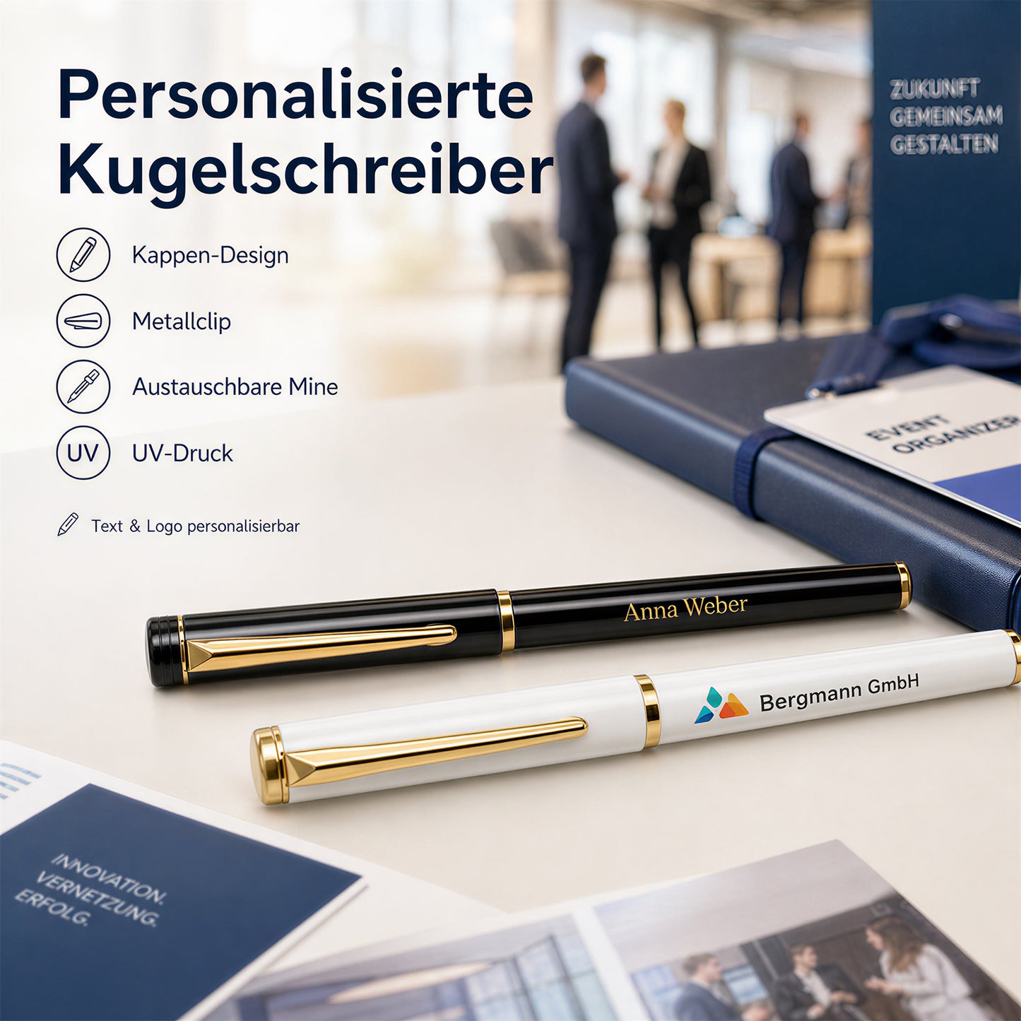 Personalisierter Kappen Kugelschreiber mit Namen und Logo Schwarze Mine