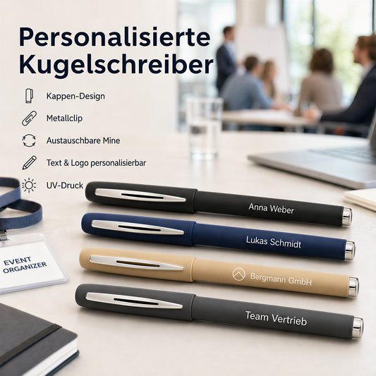 Personalisierter Kappen Kugelschreiber mit Namen und Logo Schwarze Mine