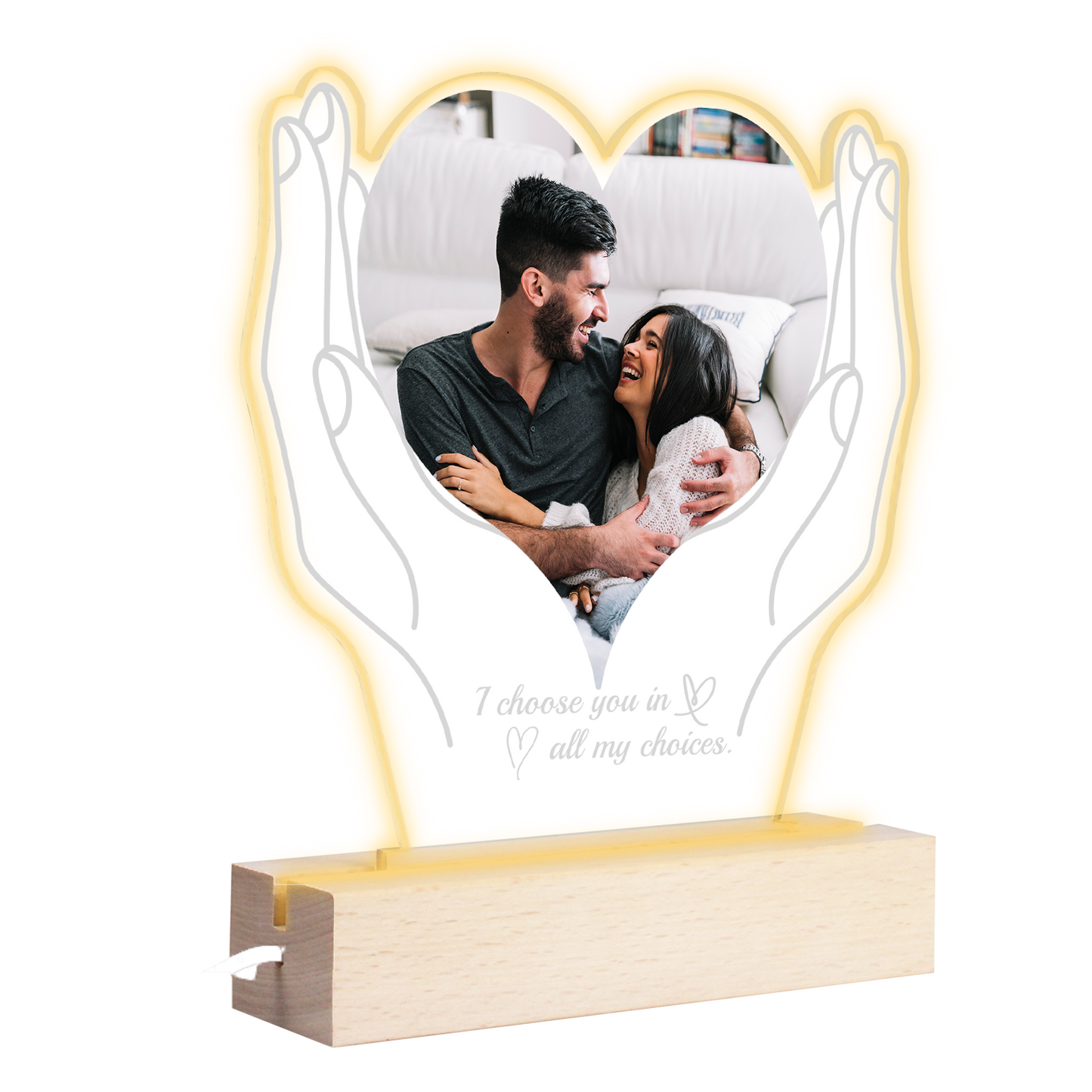 Personalisierter LED Bilderrahmen mit Foto, Holzständer und LED Sockel