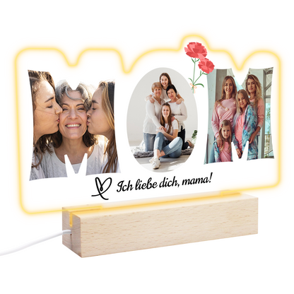 Personalisierter LED Bilderrahmen mit Foto, Holzständer und LED Sockel