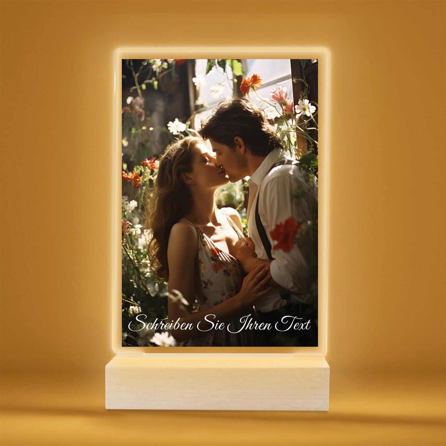 Personalisierter LED Bilderrahmen mit Foto, Holzständer und LED Sockel