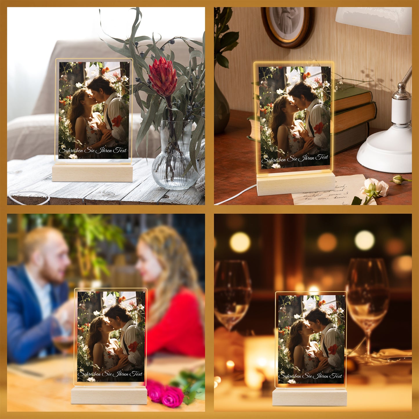 Personalisierter LED Bilderrahmen mit Foto, Holzständer und LED Sockel