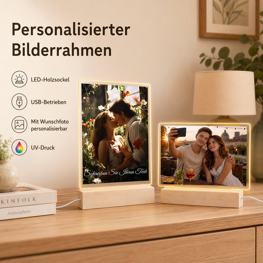 Personalisierter LED Bilderrahmen mit Foto, Holzständer und LED Sockel